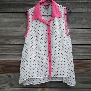 Robert Louis Pink Black Dots Sleeveless Blouse L